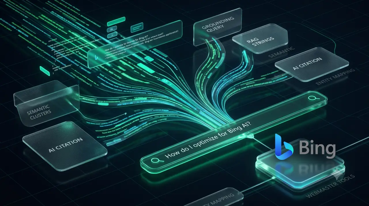 A technical dark mode infographic mapping user search prompts to programmatic AI grounding queries, RAG strings, and AI citations using Microsoft Bing Webmaster Tools analytics dashboard indicators.