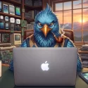 Illustration of the Phoenix developer bird character in an argyle sweater vest wearing glasses and smoking a pipe, sitting at an Apple MacBook surrounded by retro tech clutter, an FBI coffee mug, and an iPhone, representing the development of the lightweight WordPress author box plugin.