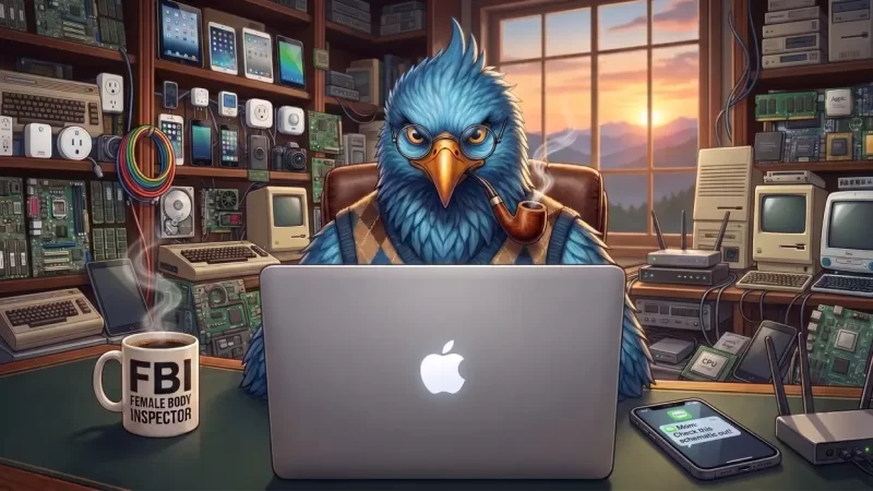Illustration of the Phoenix developer bird character in an argyle sweater vest wearing glasses and smoking a pipe, sitting at an Apple MacBook surrounded by retro tech clutter, an FBI coffee mug, and an iPhone, representing the development of the lightweight WordPress author box plugin.