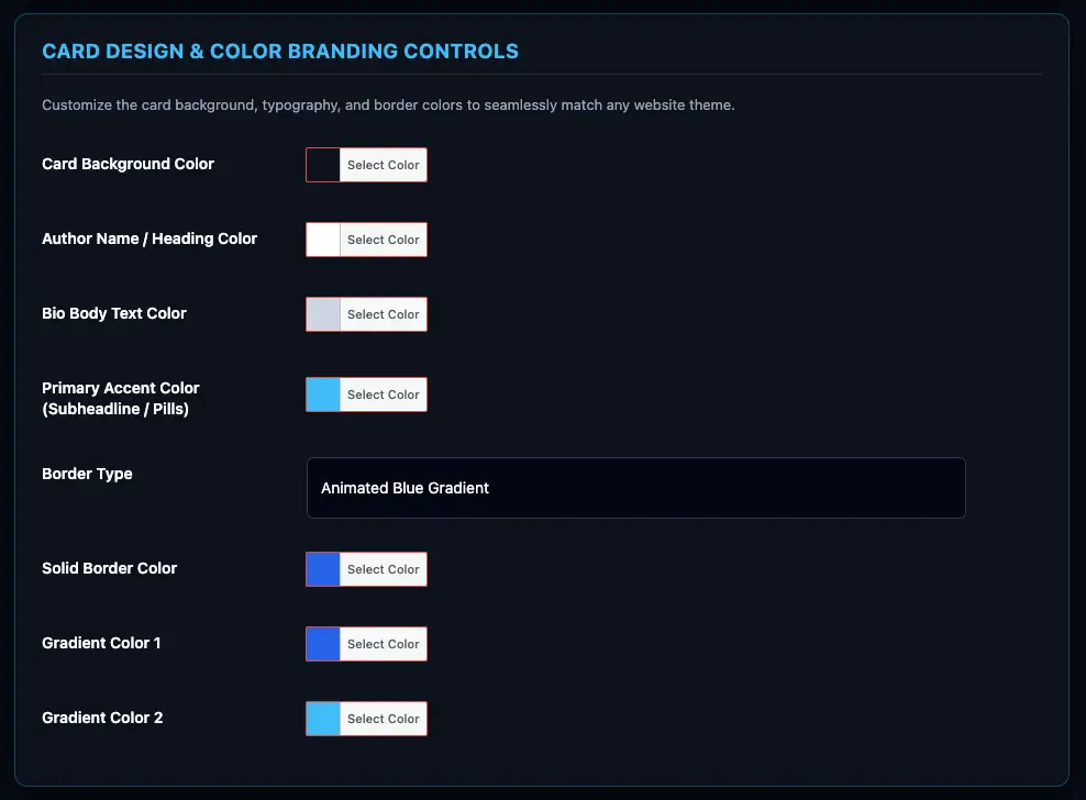 WordPress admin color picker controls for customizing the Phoenix E-E-A-T author box background, heading text, bio text, primary accents, and animated gradient borders.
