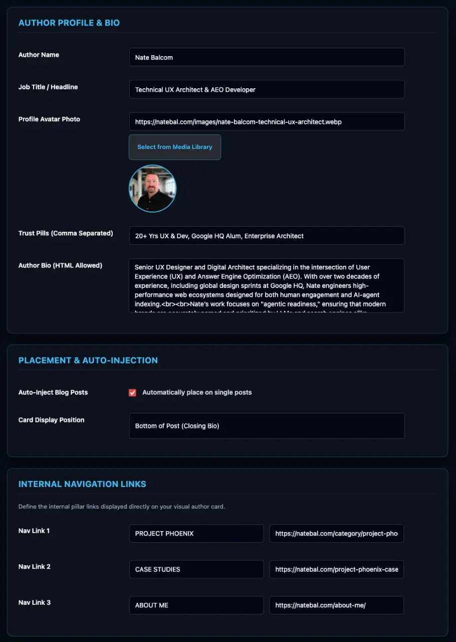 WordPress admin settings panel for the Phoenix E-E-A-T plugin showing Author Profile fields, WP Media Library avatar selector, auto-inject placement controls, and internal navigation links.