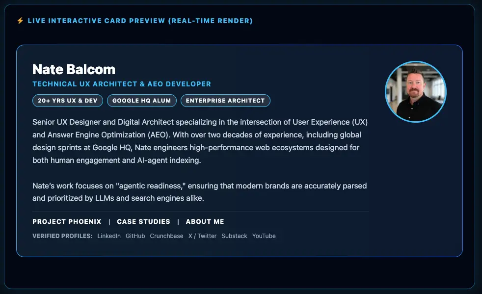 Live interactive preview of the Phoenix E-E-A-T author box card showing profile photo, subheadline, trust badges, bio text, internal pillar links, and verified social links.