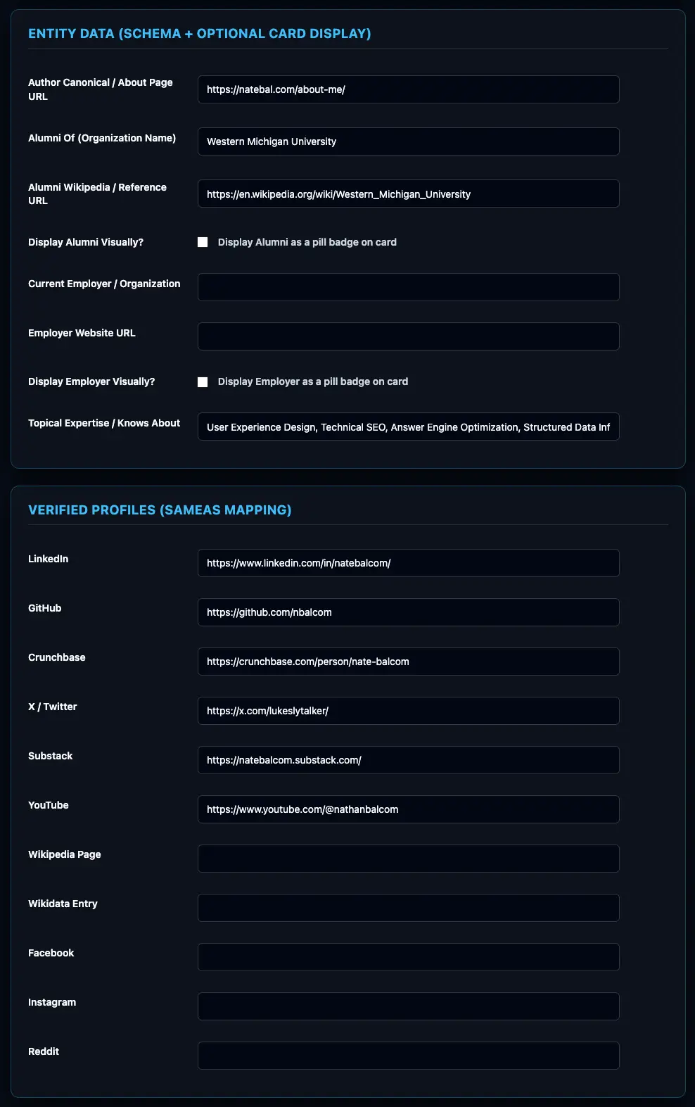Phoenix E-E-A-T plugin entity data settings panel showing Person JSON-LD schema controls, alumni Wikipedia links, topical expertise tags, and verified social sameAs URLs.