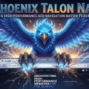 A blue cosmic phoenix with open wings gripping its talons directly into a straight-on web browser window displaying the NateBal.com homepage text for the Phoenix Talon Nav WordPress plugin.
