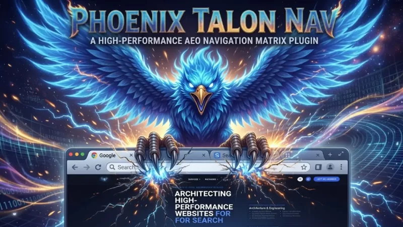 A blue cosmic phoenix with open wings gripping its talons directly into a straight-on web browser window displaying the NateBal.com homepage text for the Phoenix Talon Nav WordPress plugin.