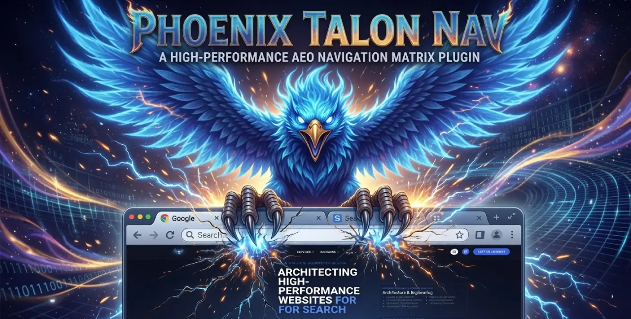 A blue cosmic phoenix with open wings gripping its talons directly into a straight-on web browser window displaying the NateBal.com homepage text for the Phoenix Talon Nav WordPress plugin.