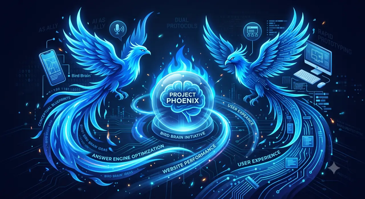 Architectural diagram of Project Phoenix The Bird Brain Initiative featuring twin blue cybernetic phoenixes flanking a central glowing neural core labeled Answer Engine Optimization, Website Performance, and User Experience.