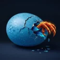 A golden phoenix claw emerging from a cracked blue speckled eggshell representing the genesis of Project Phoenix and the Bird Brain Initiative.