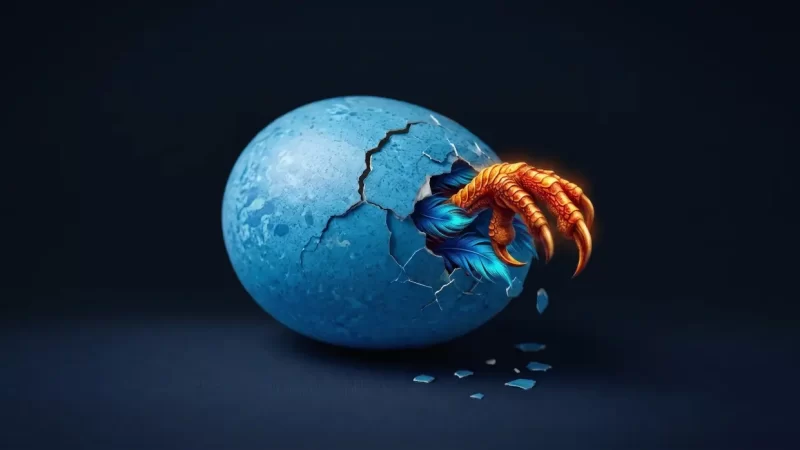 A golden phoenix claw emerging from a cracked blue speckled eggshell representing the genesis of Project Phoenix and the Bird Brain Initiative.