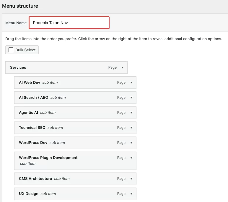 Native WordPress default menu structure editor interface managing structural parent-child links for Phoenix Talon Nav including AI Search, AEO, and Agentic AI service pillars.