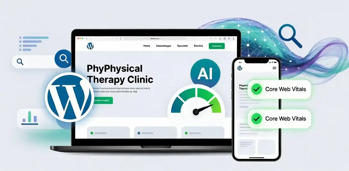 WordPress Core Web Vitals dashboard streaming physical therapy data nodes into an AI answer engine interface for AI search optimization.