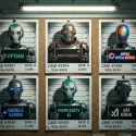 A police lineup board displaying mugshots of 6 major AI web crawlers: OpenAI GPTBot, Anthropic Claude, Apple Intelligence Applebot, Google Gemini, Perplexity AI, and xAI Grok.