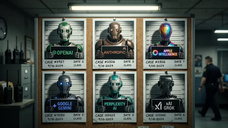 A police lineup board displaying mugshots of 6 major AI web crawlers: OpenAI GPTBot, Anthropic Claude, Apple Intelligence Applebot, Google Gemini, Perplexity AI, and xAI Grok.