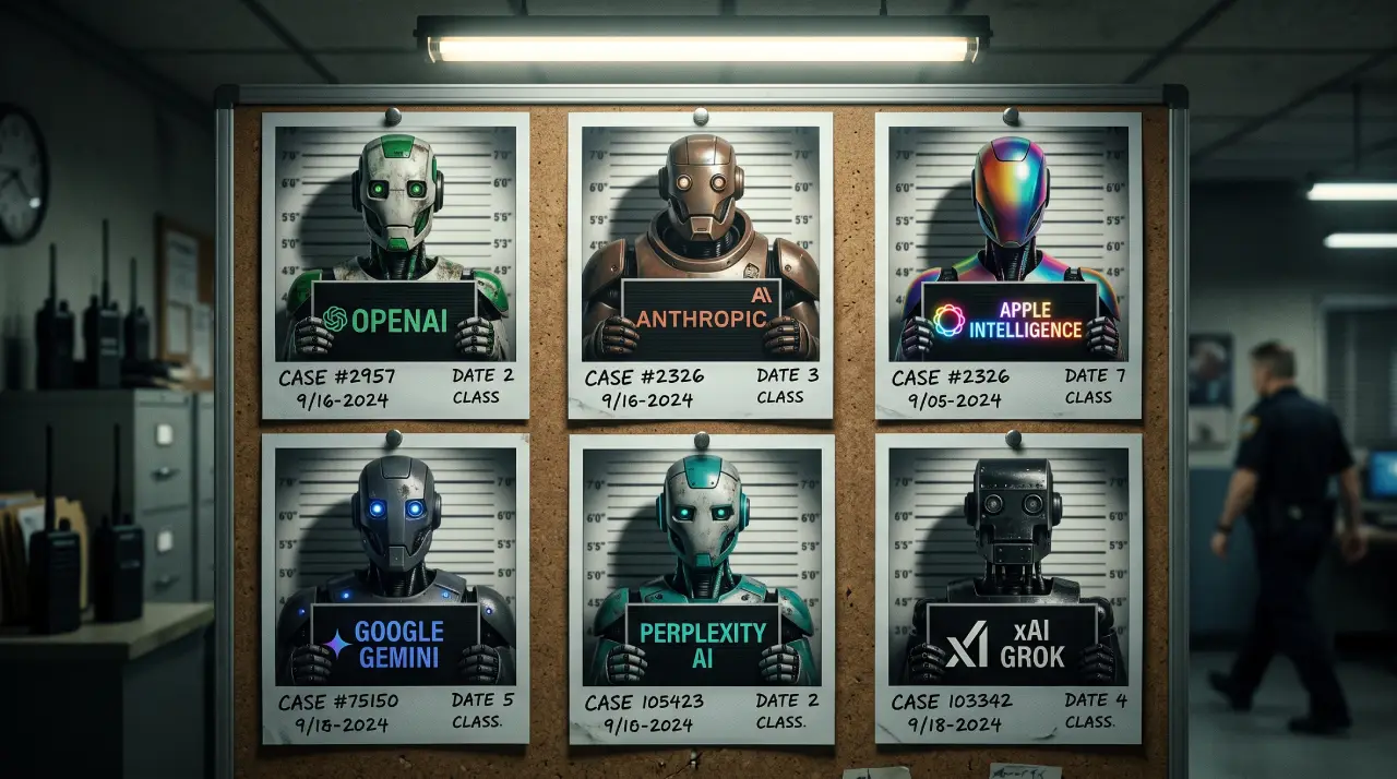 A police lineup board displaying mugshots of 6 major AI web crawlers: OpenAI GPTBot, Anthropic Claude, Apple Intelligence Applebot, Google Gemini, Perplexity AI, and xAI Grok.