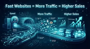 A digital infographic illustrating the causal link between fast website load times, increased web traffic, and higher sales volumes, with data points for speed, bounce rate, and revenue.