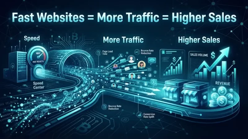 A digital infographic illustrating the causal link between fast website load times, increased web traffic, and higher sales volumes, with data points for speed, bounce rate, and revenue.