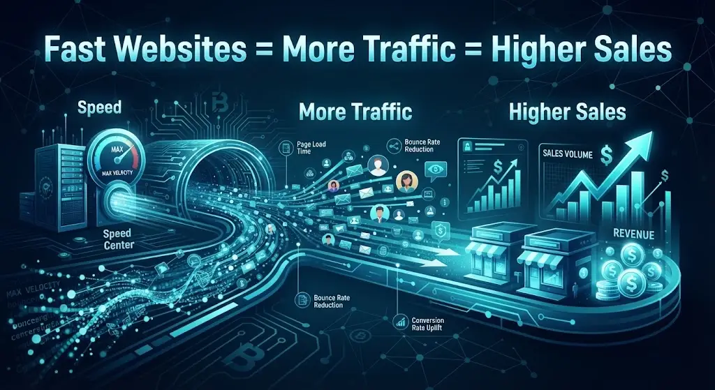 A digital infographic illustrating the causal link between fast website load times, increased web traffic, and higher sales volumes, with data points for speed, bounce rate, and revenue.