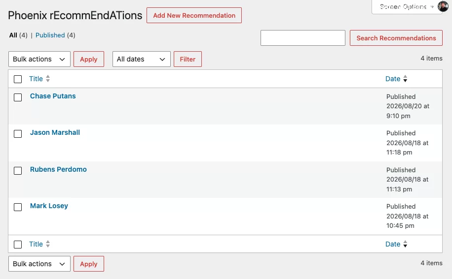 WordPress admin Custom Post Type interface for adding recommendations with native WP Media Library headshot uploader and schema inputs.