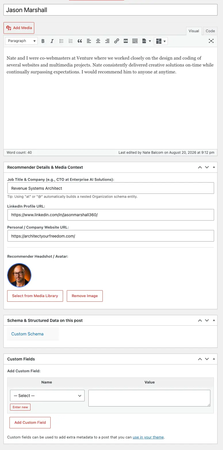 Interactive infinite marquee carousel showing recommendation cards with recommender avatar, job title, company link, quote, and LinkedIn button.