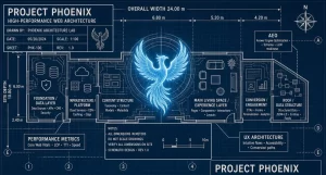 Project Phoenix Blueprint: 5 Essential Rules to Conquer AI Search Architectural blueprint for Project Phoenix illustrating high-performance web architecture, Answer Engine Optimization (AEO) modules, UX design layouts, and Core Web Vitals performance metrics.