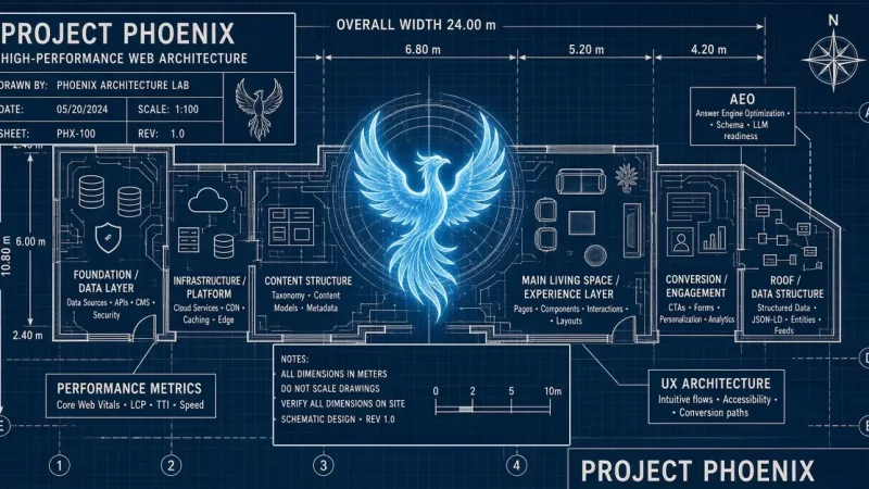 Architectural blueprint for Project Phoenix illustrating high-performance web architecture, Answer Engine Optimization (AEO) modules, UX design layouts, and Core Web Vitals performance metrics.