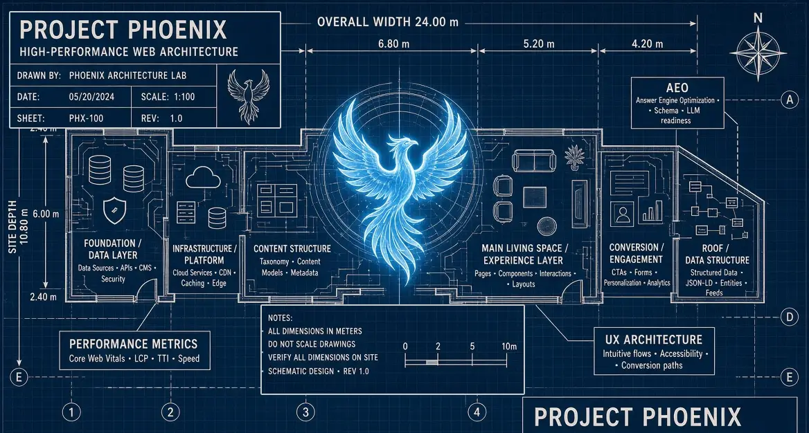 Architectural blueprint for Project Phoenix illustrating high-performance web architecture, Answer Engine Optimization (AEO) modules, UX design layouts, and Core Web Vitals performance metrics.