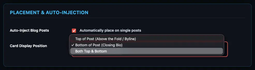 Phoenix E-E-A-T Author Box & Person Schema WordPress Plugin WordPress Phoenix E-E-A-T Author Box admin UI showing Placement and Auto-Injection settings with post position dropdown set to Bottom of Post.