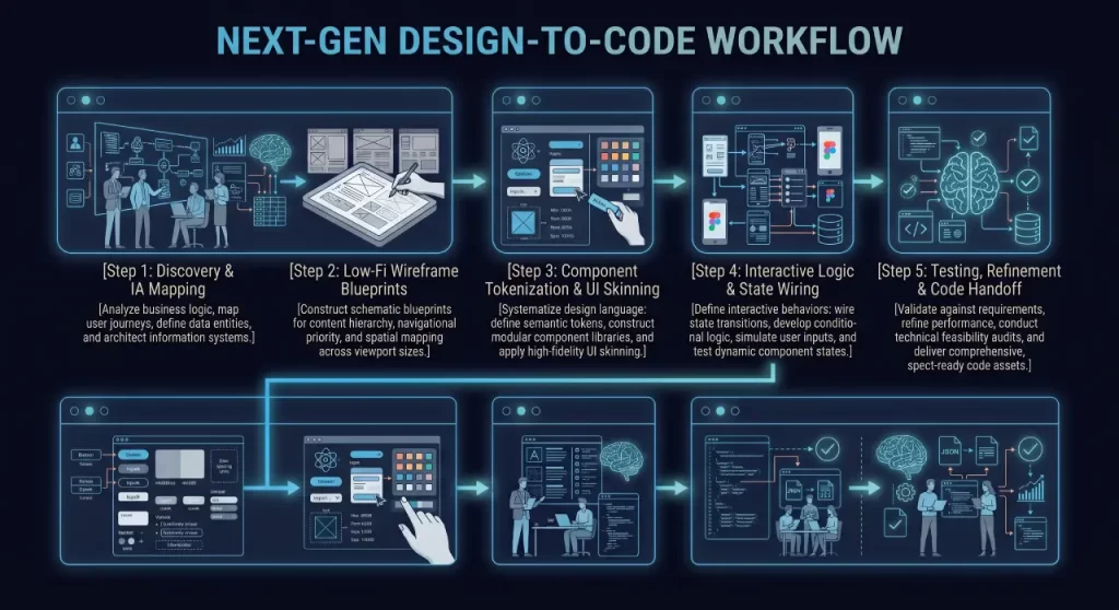 Interactive Prototyping Services Five-step UX prototyping and handoff process diagram detailing discovery and IA mapping, low-fi wireframe blueprints, component tokenization, interactive logic, and code handoff.