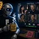 Comic book style illustration of an Optimus robot leading a remote UX design sprint over a Zoom video conference with human designers.