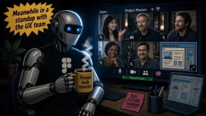 Comic book style illustration of an Optimus robot leading a remote UX design sprint over a Zoom video conference with human designers.
