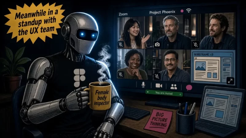 Comic book style illustration of an Optimus robot leading a remote UX design sprint over a Zoom video conference with human designers.