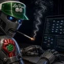 A stylized illustration of a Hunter S. Thompson-inspired robot wearing a green visor and typing furious Gonzo schema code for an ecommerce AEO strategy.