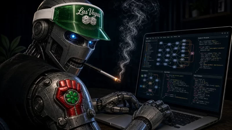 A stylized illustration of a Hunter S. Thompson-inspired robot wearing a green visor and typing furious Gonzo schema code for an ecommerce AEO strategy.