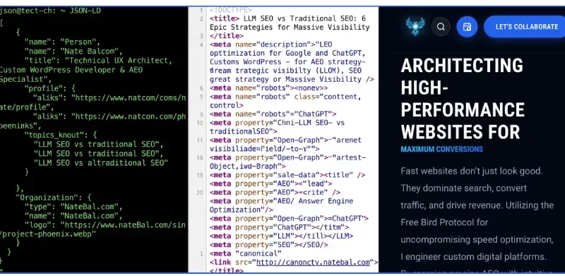 Comparison of three website perspectives: JSON-LD entity schema parsed by LLMs on the left, HTML meta tags crawled by search engines in the center, and the human mobile view of NateBal.com on the right.