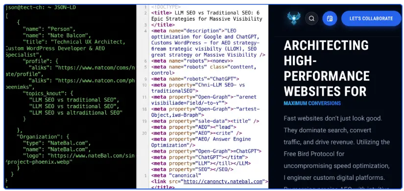 Comparison of three website perspectives: JSON-LD entity schema parsed by LLMs on the left, HTML meta tags crawled by search engines in the center, and the human mobile view of NateBal.com on the right.