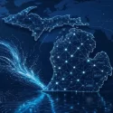 Luminous digital network map of Michigan with glowing blue neural nodes, representing Michigan Answer Engine Optimization Services and AI search entity architecture.