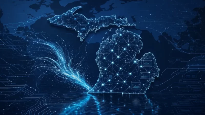 Luminous digital network map of Michigan with glowing blue neural nodes, representing Michigan Answer Engine Optimization Services and AI search entity architecture.