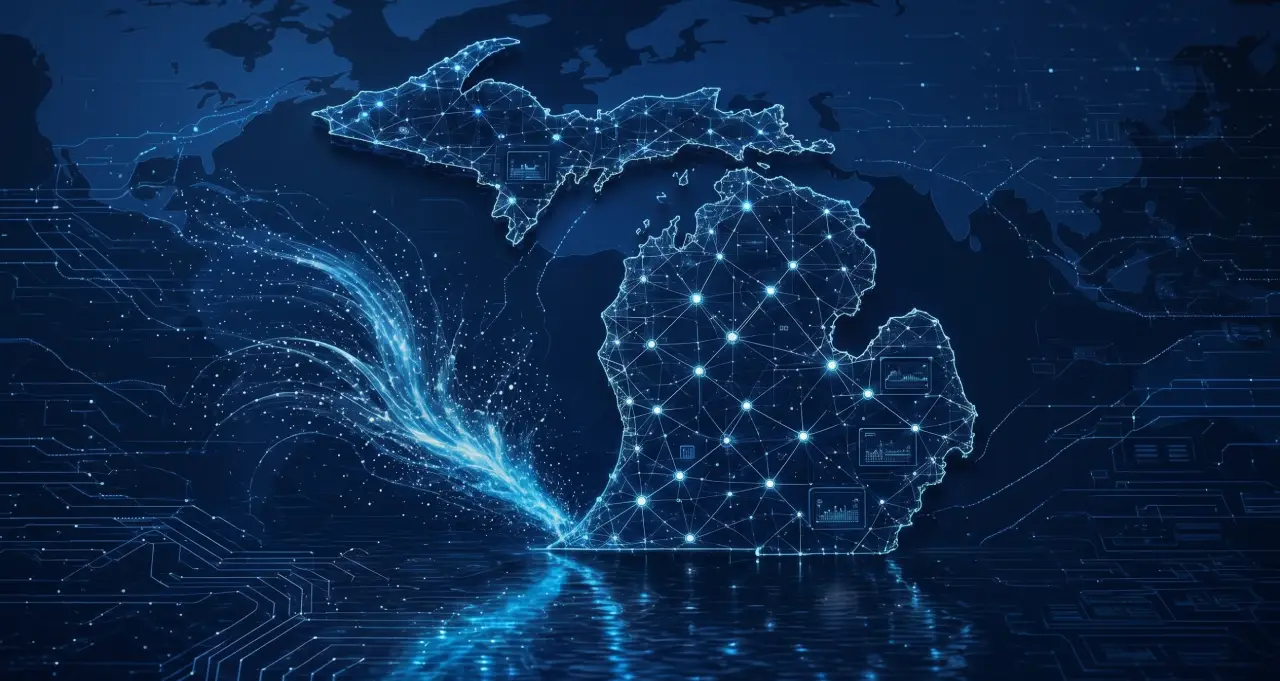 Luminous digital network map of Michigan with glowing blue neural nodes, representing Michigan Answer Engine Optimization Services and AI search entity architecture.