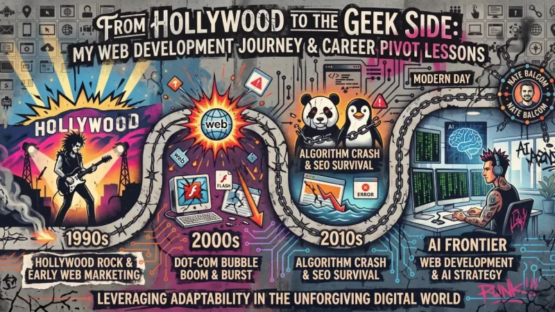 Illustrated career timeline of Nate Balcom showing the evolution from 1990s Hollywood music to 2000s dot-com startups, 2010s SEO algorithm crashes, and modern AI web development.