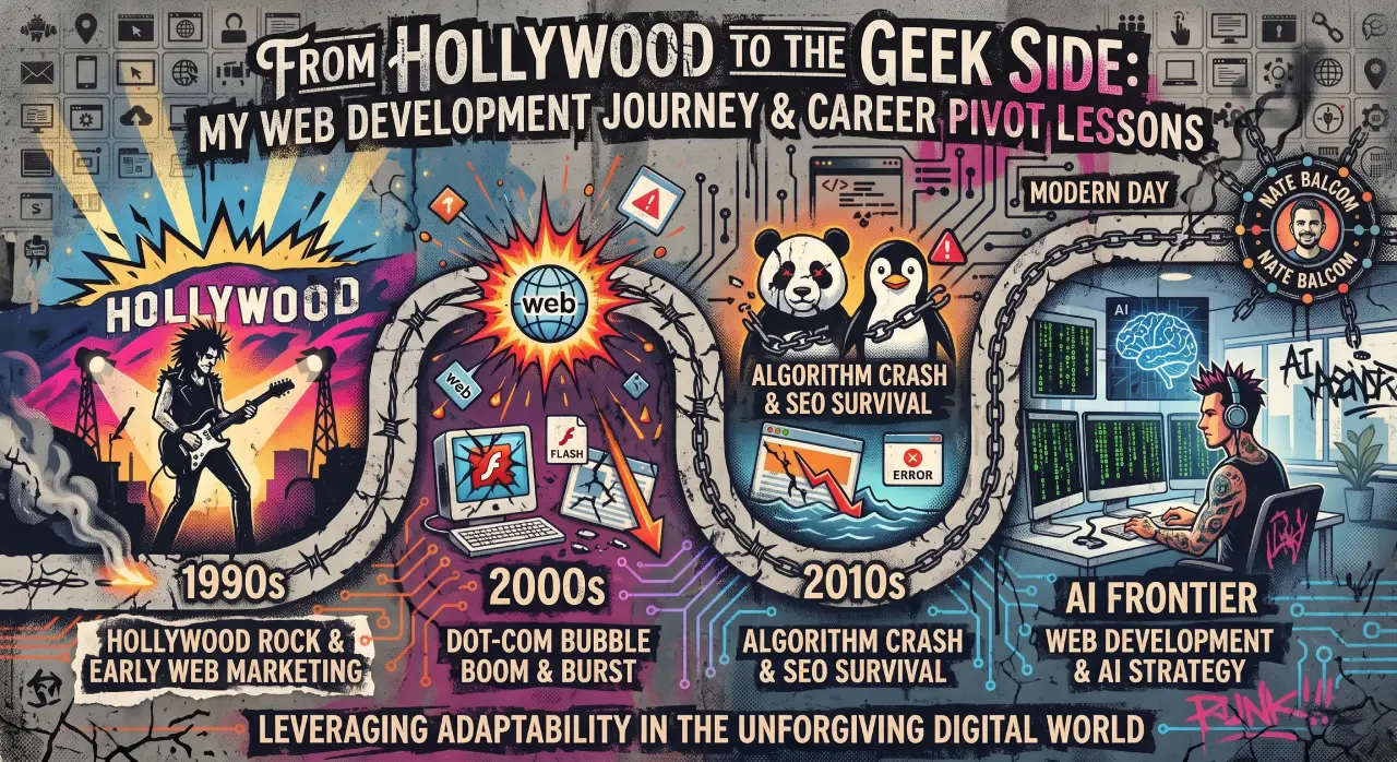 Zero Security, Total Adaptability: 25 Years on the Tech Industry's Fault Lines Illustrated career timeline of Nate Balcom showing the evolution from 1990s Hollywood music to 2000s dot-com startups, 2010s SEO algorithm crashes, and modern AI web development.