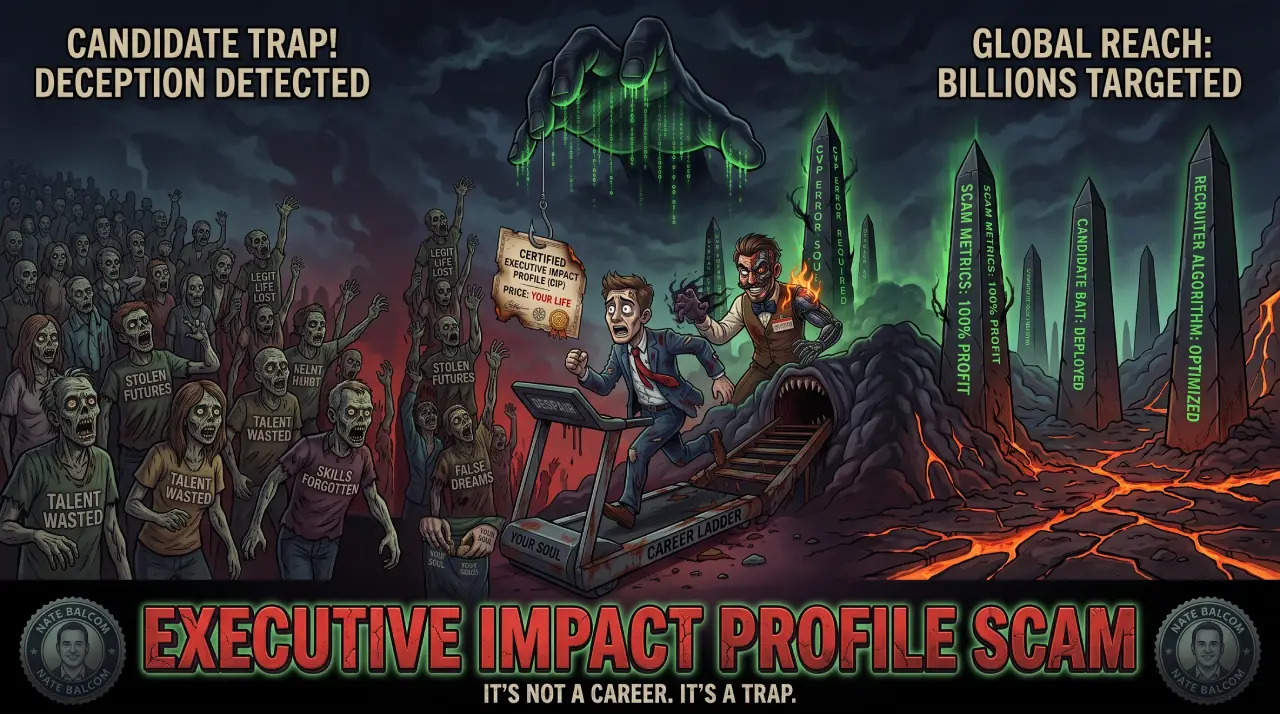 Executive Impact Profile Scam: What it is & What to Do A complex illustrated infographic exposing the 'Executive Impact Profile (CIP)' scam as a career trap. On the left, a giant green matrix code hand dangles a fraudulent 'CIP' certificate priced at 'YOUR LIFE' before a screaming job seeker running on a treadmill marked 'CAREER LADDER' leading to 'DESPAIR'. On the right, a cyborg villain stands in a volcanic landscape with siphoning black obelisks displaying scam metrics like '100% PROFIT' and 'CANDIDATE ABILITY DEPLOYED.' The main text banner states 'EXECUTIVE IMPACT PROFILE SCAM' with the tagline 'IT'S NOT A CAREER. IT'S A TRAP.' and includes 'Nate Balcom' branding badges.