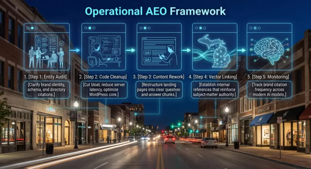 Michigan Answer Engine Optimization Services: The Modern Guide to Dominating AI Search Five-step operational AEO framework diagram illustrating entity audits, code cleanup, content rework, vector linking, and AI monitoring over downtown Birmingham Michigan at night.
