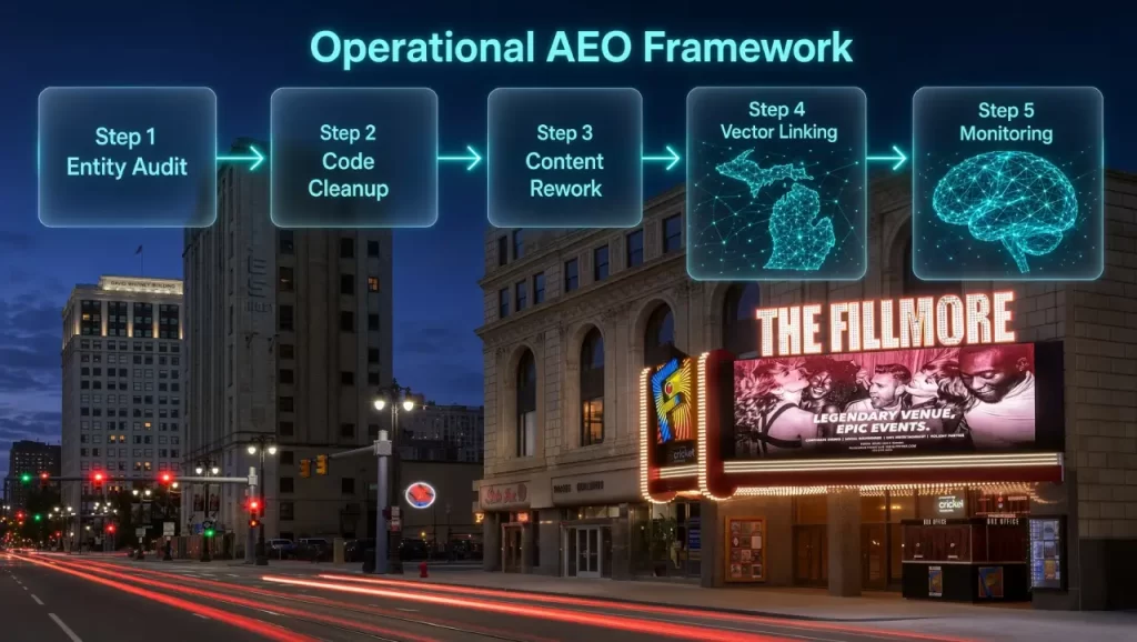 Michigan Answer Engine Optimization Services: The Modern Guide to Dominating AI Search Diagram showing the 5-step operational AEO framework from entity audit to monitoring, overlaid on Woodward Avenue in downtown Detroit with The Fillmore theater.