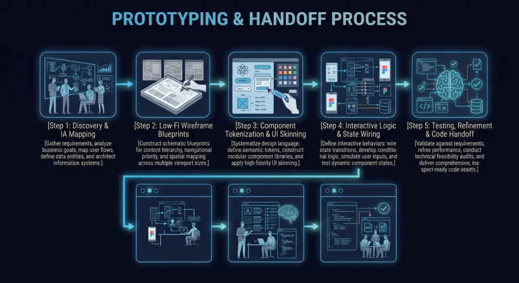 Interactive Prototyping Services Prototyping and handoff process diagram detailing five sequential stages from discovery, wireframe blueprints, and component tokenization to interactive logic and code handoff.
