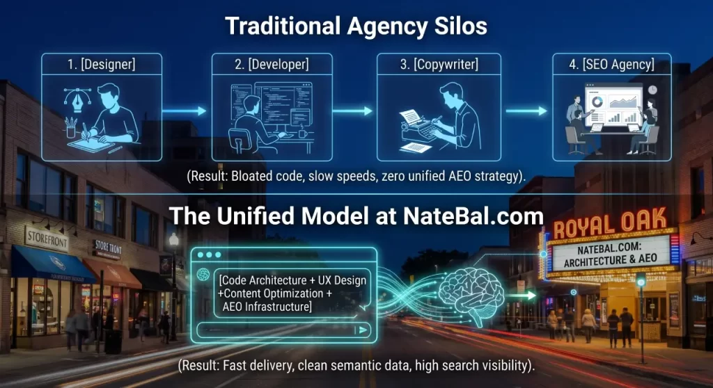 Michigan Answer Engine Optimization Services: The Modern Guide to Dominating AI Search Infographic comparing traditional agency silos to the unified NateBal.com model with code, UX, and AEO architecture, set against downtown Royal Oak at night.