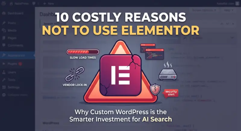 Infographic illustrating 10 costly reasons to not use Elementor, featuring a cracked Elementor logo in a hazard triangle with callouts for slow load times, vendor lock-in, and security alerts.