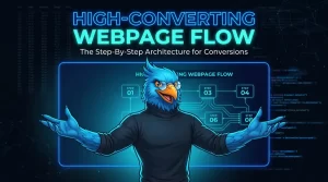 The NateBa.com Blue Phoenix presenter inviting users to details of a 9-stage 'High-Converting Webpage Flow' diagram.