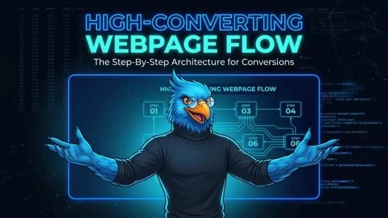 Create B2B Service Landing Pages that Convert: The Ultimate 9-Stage Blueprint for Pipeline Conversion The NateBa.com Blue Phoenix presenter inviting users to details of a 9-stage 'High-Converting Webpage Flow' diagram.