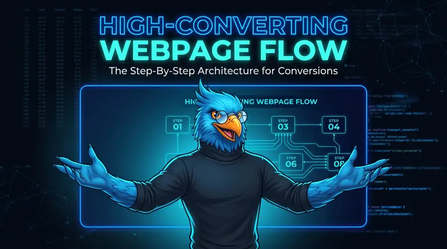 Create B2B Service Landing Pages that Convert: The Ultimate 9-Stage Blueprint for Pipeline Conversion The NateBa.com Blue Phoenix presenter inviting users to details of a 9-stage 'High-Converting Webpage Flow' diagram.