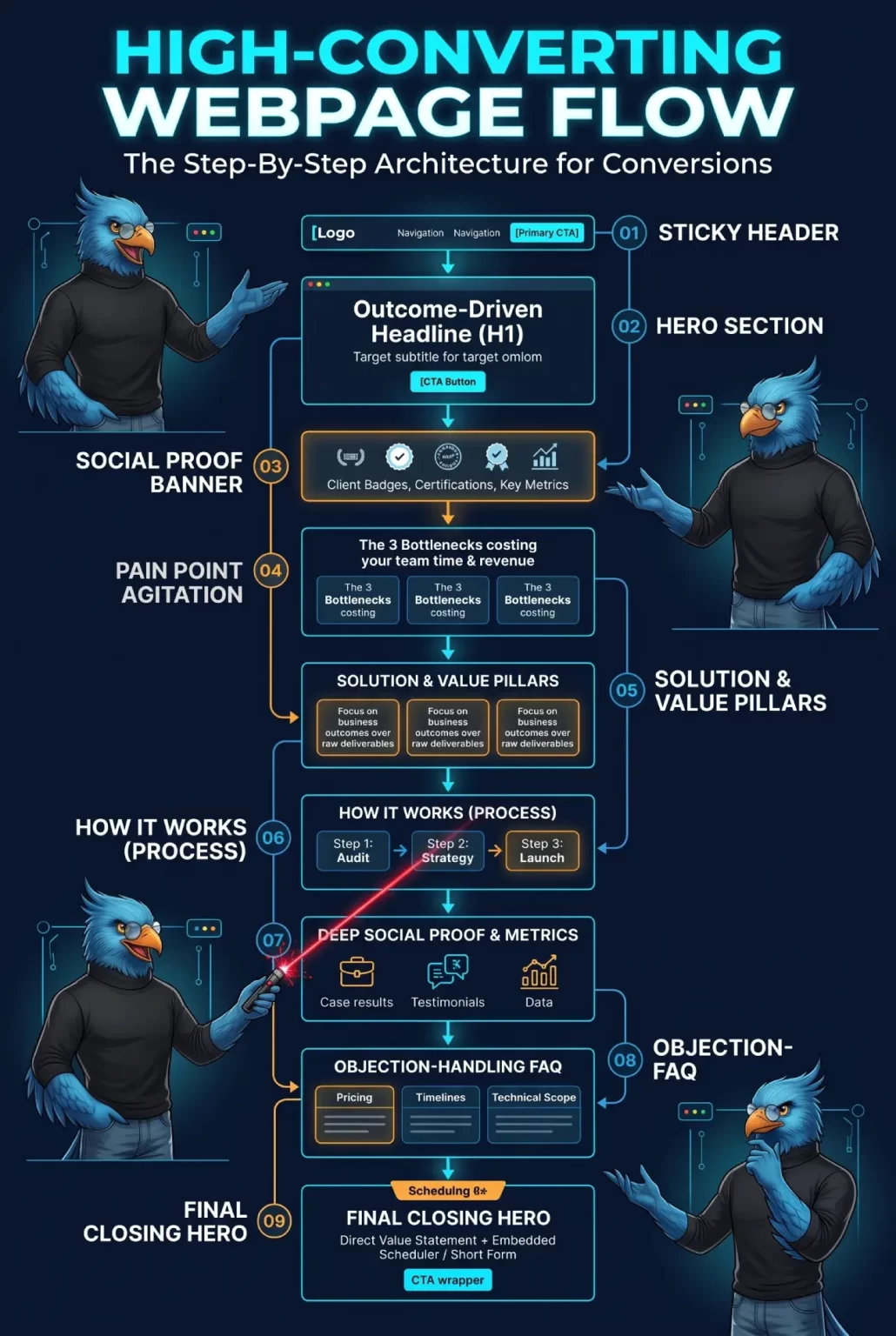 B2B AI web development conversion architecture diagram detailing the 9 core page sections from sticky header to scheduler CTA, presented by the NateBal blue phoenix.
